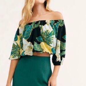 Free People Electric Day Floral Cropped Top Size M Emerald Green Balloon Sleeve